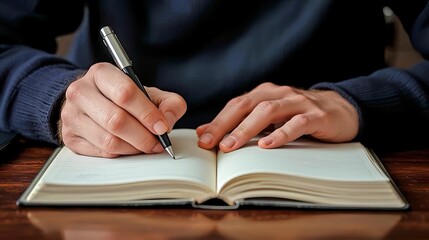 close up of hand writing on paper , Writing in a notebook at a workspace. Perfect for concepts of productivity, creativity, studying, planning, remote work, and modern office environments.