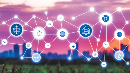 Network of interconnected icons against a cityscape backdrop during sunset