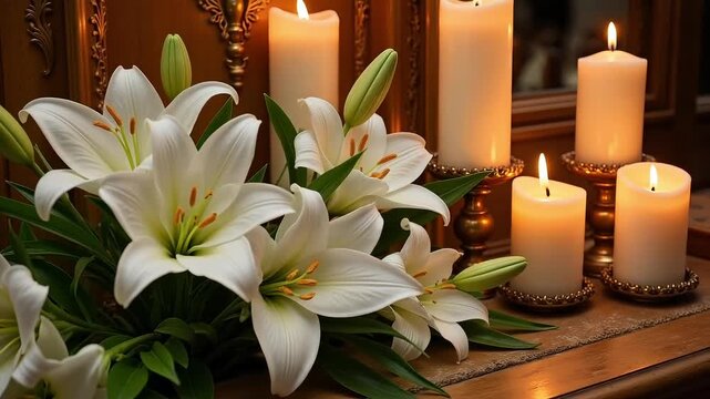 Elegant white lilies and glowing candles create a serene and peaceful ambiance ideal for memorial services or heartfelt condolences