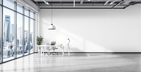Modern office interior with large windows, minimalist furniture, and white wall perfect for creative poster mockup or concept presentation backdrop. Ai generative