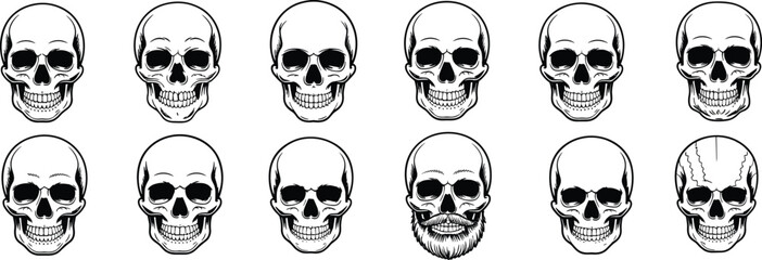 Set of 12 different detailed skull illustrations in black and white, featuring various expressions, including facial hair, cracks, and different styles, isolated on a clean white background