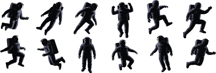 Set of astronaut silhouettes in various poses, black and white, in space suit, vector illustration, isolated, space exploration, astronaut activity, space suit, modern space mission