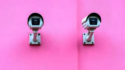 Two Security Cameras on Pink Wall Surveillance Technology