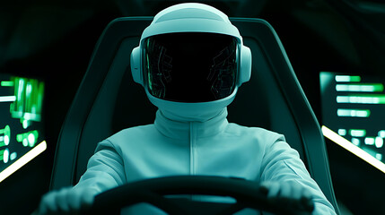 Person in futuristic suit and helmet driving a high-tech vehicle