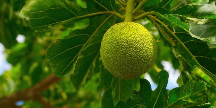 A ripe breadfruit hangs from a tree branch, surrounded by vibrant green leaves.
