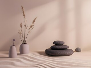 Serene Minimalist Scene, Sand, Stones, and Dried Flowers in Vases