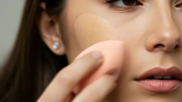 A woman applies foundation with a pink sponge near her nose