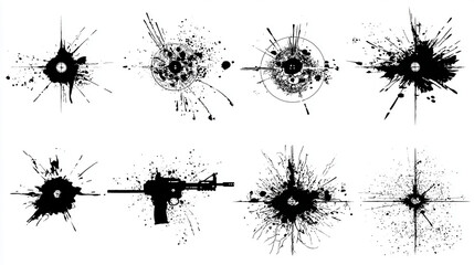 High-quality vector set of gunshot wound silhouettes, clean and sharp edges, minimalist design, transparent background