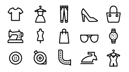 Fashion Design Icons Clothing, Accessories, and Sewing Tools - Line Art Vector Graphics