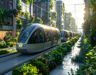 Futuristic automated tram system in a green city.