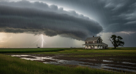 Dramatic Stormy Skies Over Rural Farmhouse and Lightning Strike