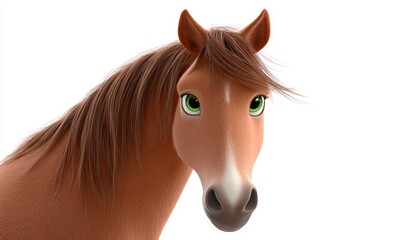 Obraz premium 3D rendered brown horse with bright green eyes and flowing long mane, presented in closeup view.