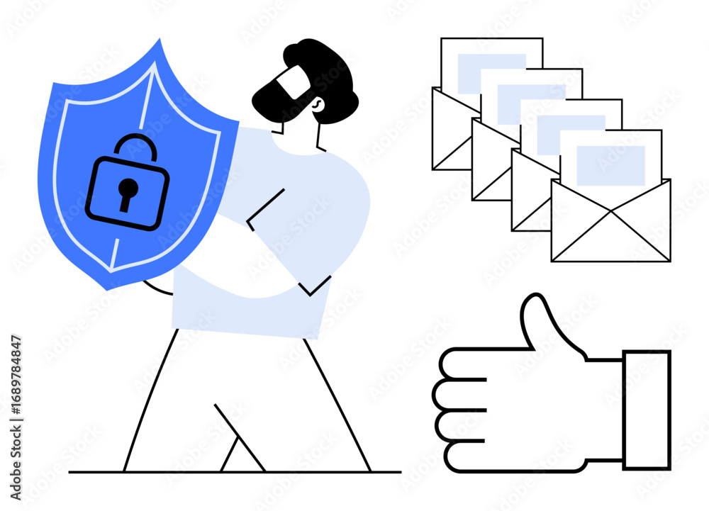 Poster man holding shield with lock for data security and privacy, stack of envelopes representing emails, 