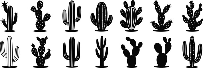 Set of black cactus silhouette icons, different desert plant shapes in minimal style, vector illustration collection for decoration, botanical design, nature themed artwork