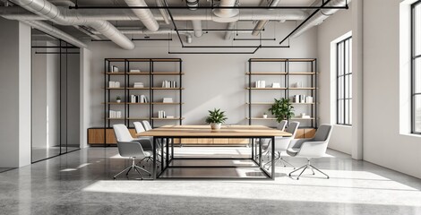 Fototapeta premium Modern creative office interior with industrial design concept and minimalist furniture in a bright, sunlit workspace with open shelving and plants. Ai generative