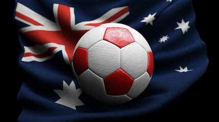 Fototapeta premium A soccer ball with red and white panels resting atop an australian flag backdrop