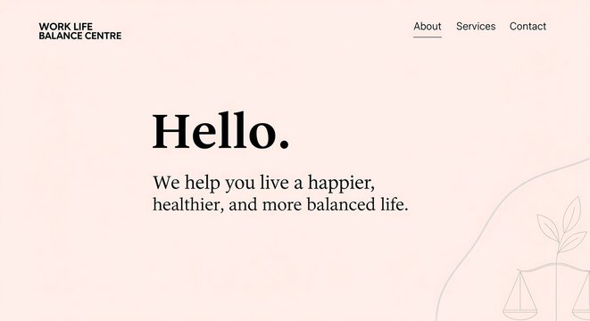 A minimalist website homepage for Work Life Balance Centre. It features a simple greeting, tagline emphasizing happier, healthier, balanced living, and navigation links.