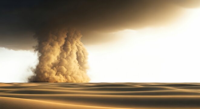 A Colossal Sandstorm Column Rises Over Rippled Golden Dunes Against a Stark Sky.