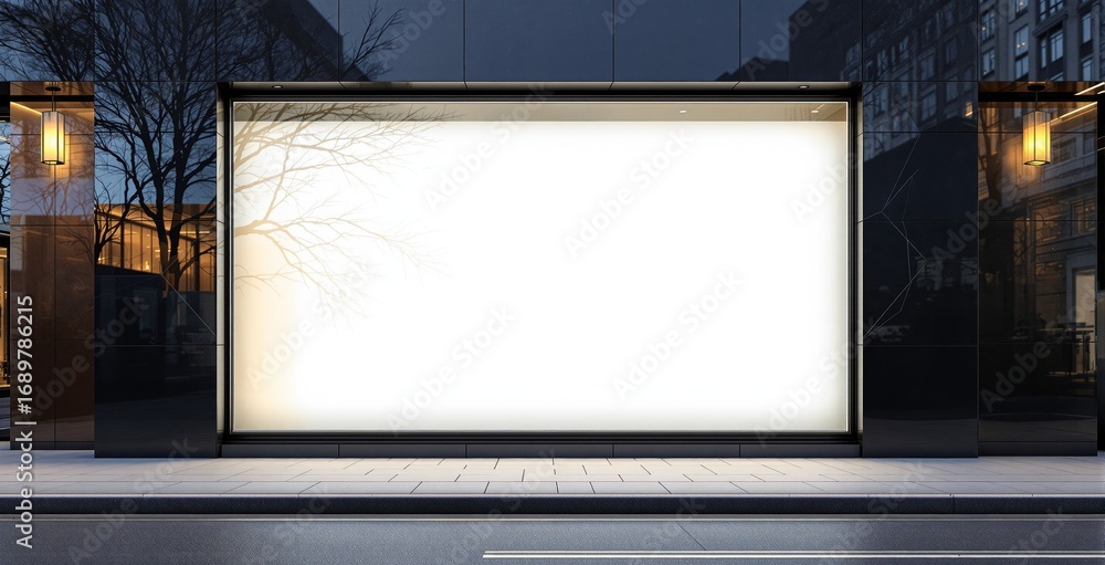 Poster blank illuminated storefront window mockup with tree shadows on glossy building facade in urban even
