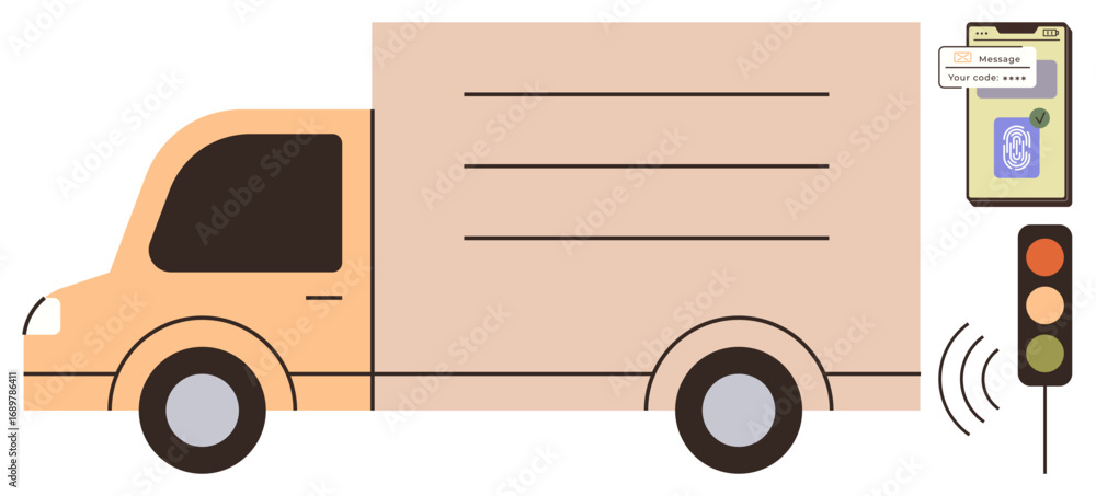 Poster truck moving near a smart traffic light sending a notification to a mobile device. ideal for deliver