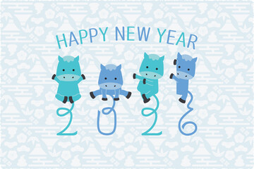 2026年賀状 午4ポーズ　飾り文字しっぽ2026　背景薄い水色　HAPPY NEW YEAR
