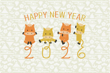 2026年賀状 午4ポーズ　飾り文字しっぽ2026　オレンジ黄　HAPPY NEW YEAR