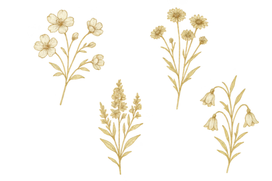 Delicate botanical illustration set featuring hand-drawn wildflowers with intricate line work for elegant wedding stationery