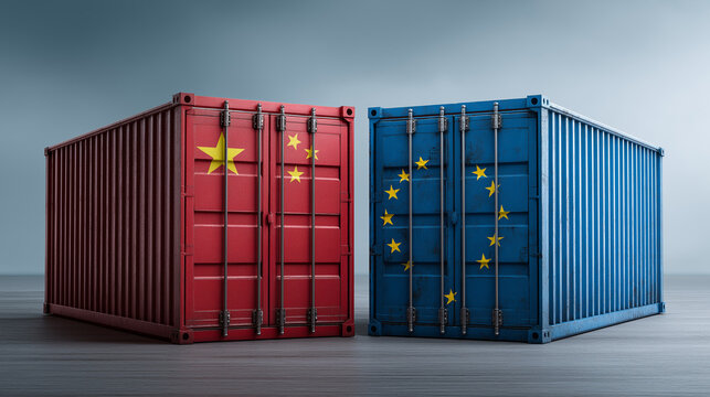 Two shipping containers painted with the flags of china and the european union