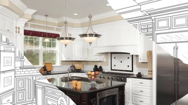 Male Hand Using Paint Brush to Reveal Before and After of Concept Line Drawing Design to Finished Kitchen Remodel.