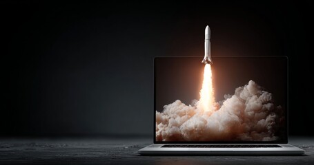 burning computer screen with rocket