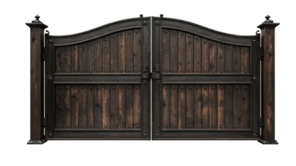 Dark mahogany double gate with golden metallic handles on transparent background