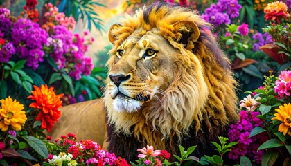 Majestic lion surrounded by vibrant blooming flowers