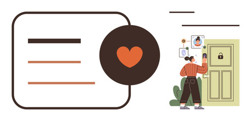 Woman interacts with a smart doorbell using face recognition technology. Nearby icons represent tech and connection. Ideal for AI, home security, technology, innovation, smart devices, privacy