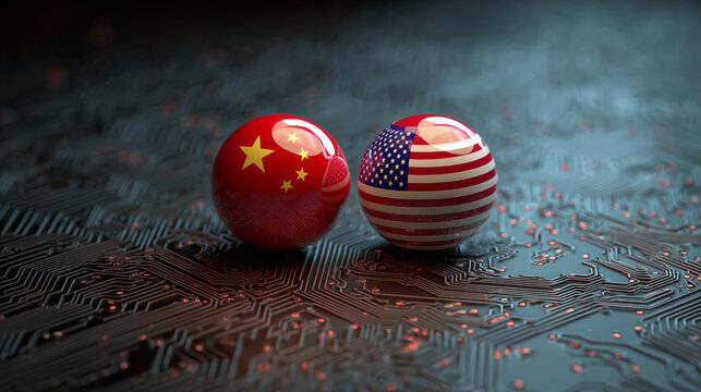 China and united states flag spheres on a dark circuit board surface close up