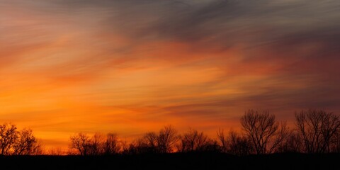 Fototapeta premium The stunning sunset creates a beautiful display of colors in the sky with silhouetted trees.