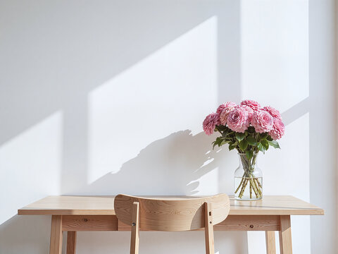 The desk and vase in soft light highlight a simple girlish aesthetic, bringing a light and bright mood.