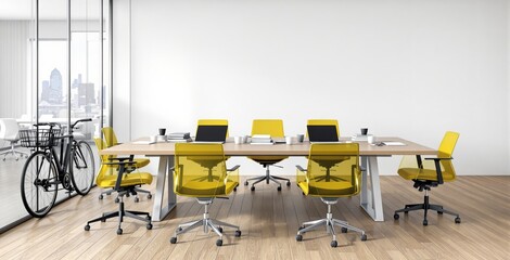 Creative office interior with yellow chairs and modern workspace concept in meeting room with wood flooring and glass walls in bright daylight setting. Ai generative