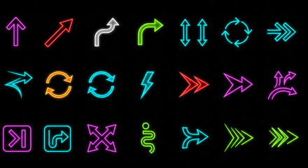 Collection of colorful neon arrow icons on a black background, perfect for digital design and navigation elements