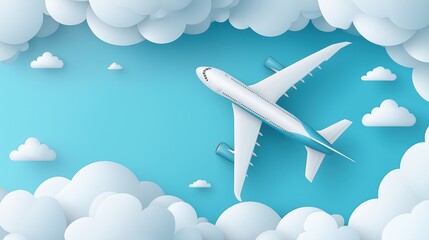 Airplane flying through clouds in paper cut style illustration