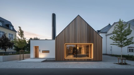 Contemporary house exterior with wood panel facade and large window