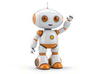 Obraz premium A friendly white and orange robot waving its hand on a white background in a studio shot