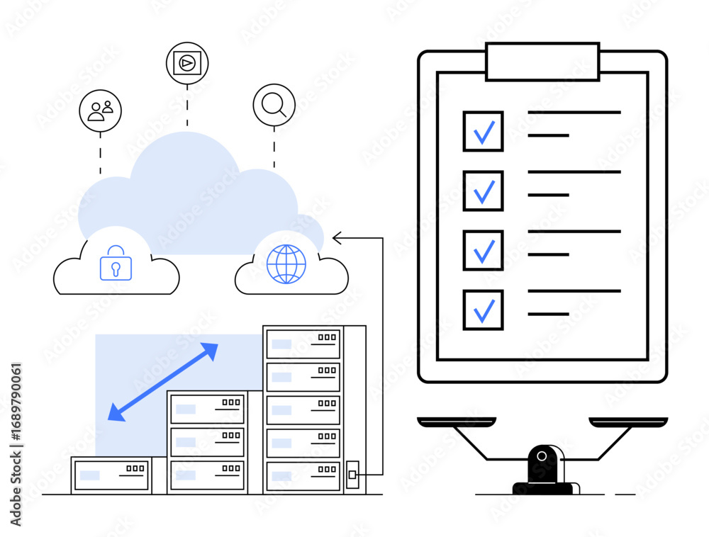 Poster cloud connected to networked servers, checklist clipboard, and scalability icons. ideal for data man
