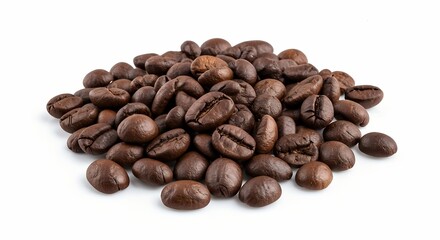 Aromatic Pile of Gourmet Roasted Coffee Beans with Rich Texture on a Clean White Background.