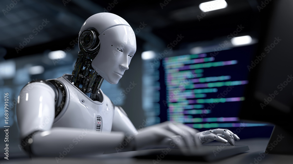 Poster humanoid robot sitting at a desk and writing code on a computer in a dark tech lab.