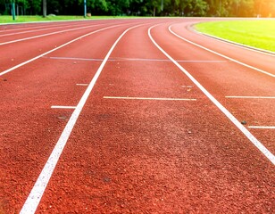 Red running track curves through a park