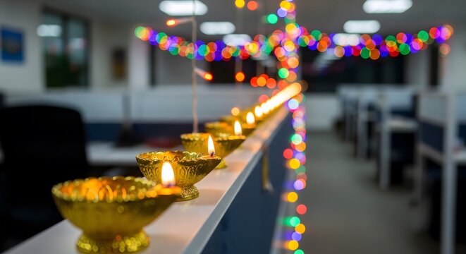 Decorated office with glowing diyas and colorful string lights during Diwali festival, festive workplace atmosphere symbolizing celebration, joy, and cultural tradition in India