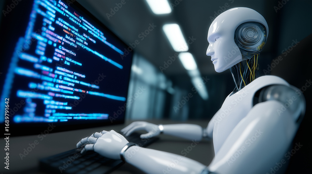 Poster futuristic robot with exposed circuits coding on a desktop computer in a tech lab.
