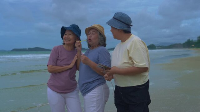 Friends enjoy day at beach, celebrating retirement together. These Asian women walk happily along shore, creating joyful memories in gentle waves.
