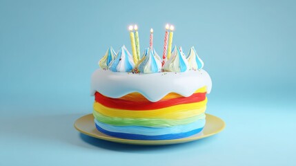 Colorful 3D birthday cake with festive frosting and candles, rendered in isometric studio lighting.