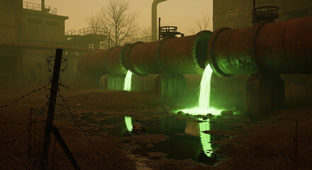 Post-Apocalyptic Industrial Wasteland: Toxic Green Liquid Flowing from Rusty Pipes into a Polluted Puddle